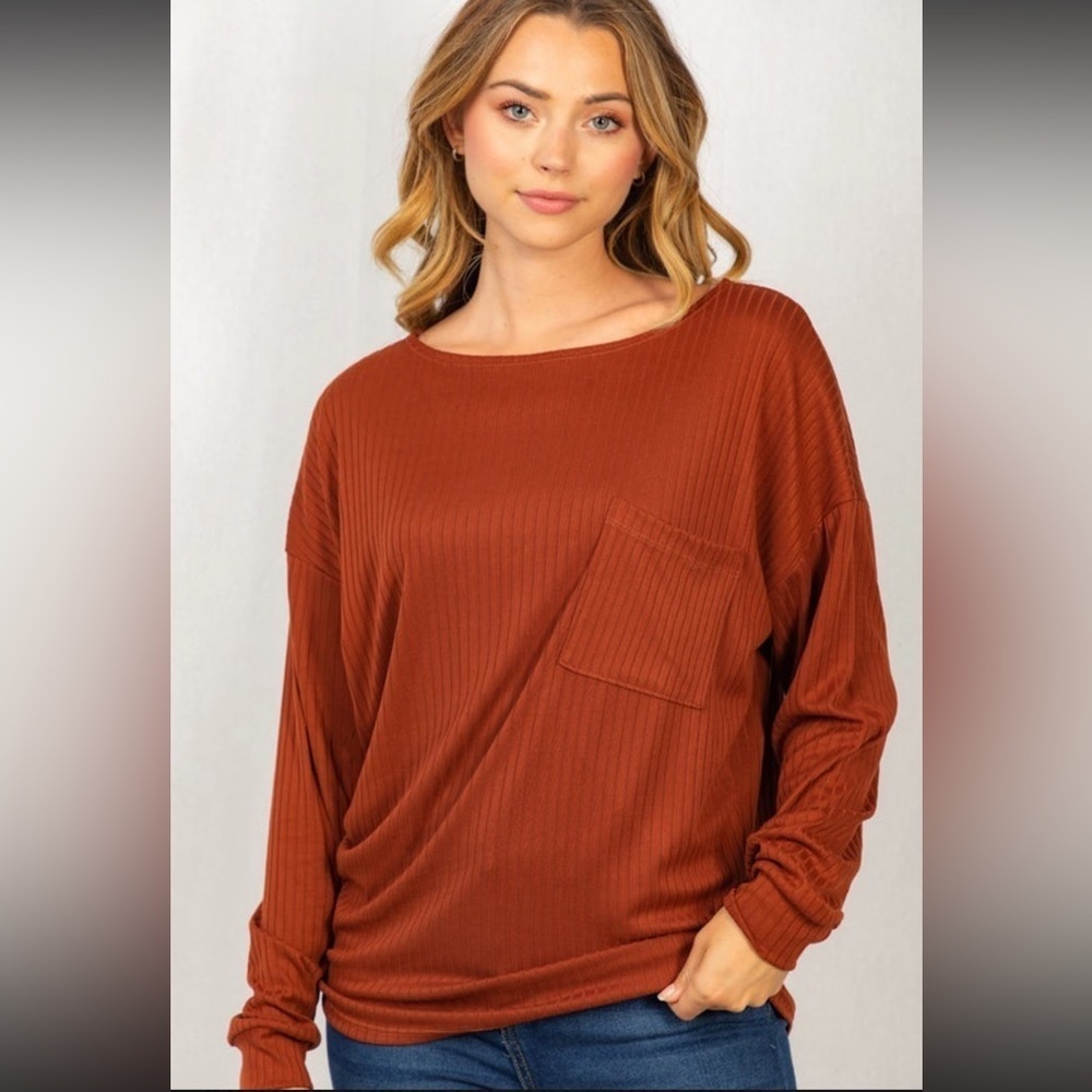 White Birch L/S Ribbed Top w/chest pocket, Rust, NWOT - never worn